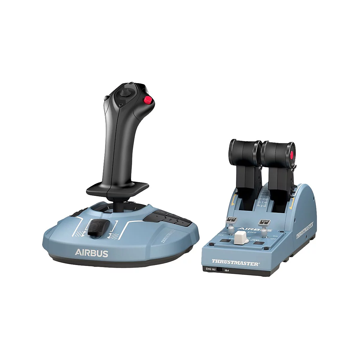 Thrustmaster Airbus Edition Joystick und Schubregler Set in Blau und Schwarz auf weißem Hintergrund.