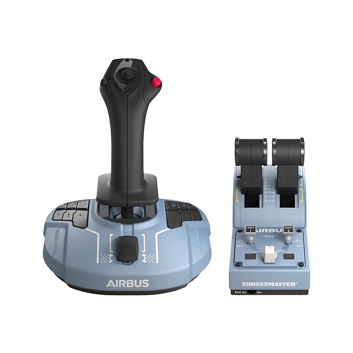 Thrustmaster Airbus Edition Joystick und Schubregler-Einheit vor weißem Hintergrund.