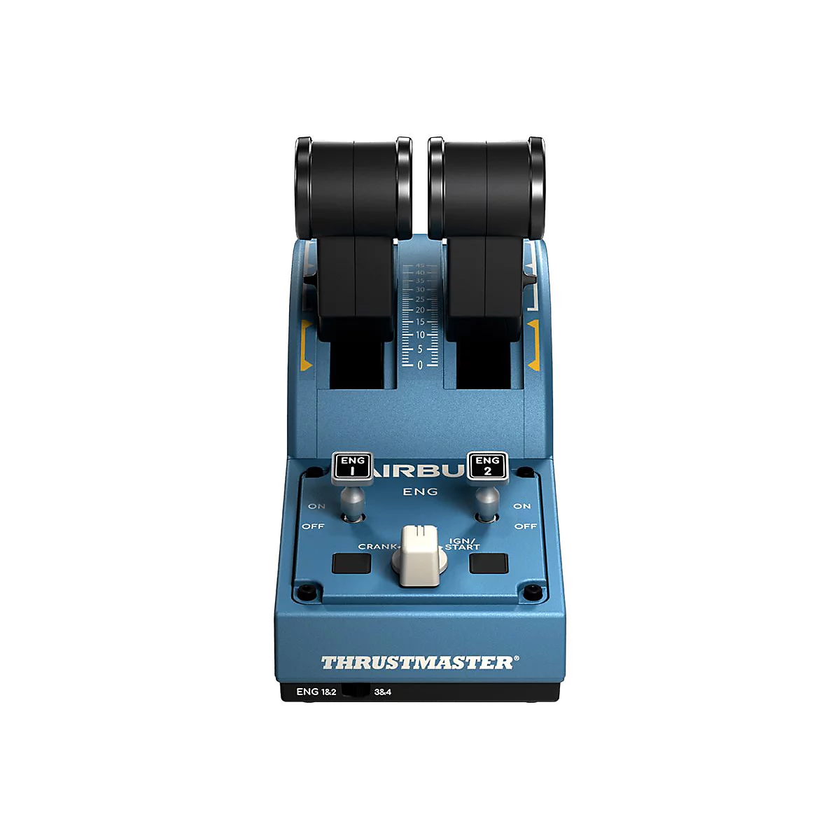 Blauer Thrustmaster Schubhebel für Flugsimulatoren vor weißem Hintergrund.