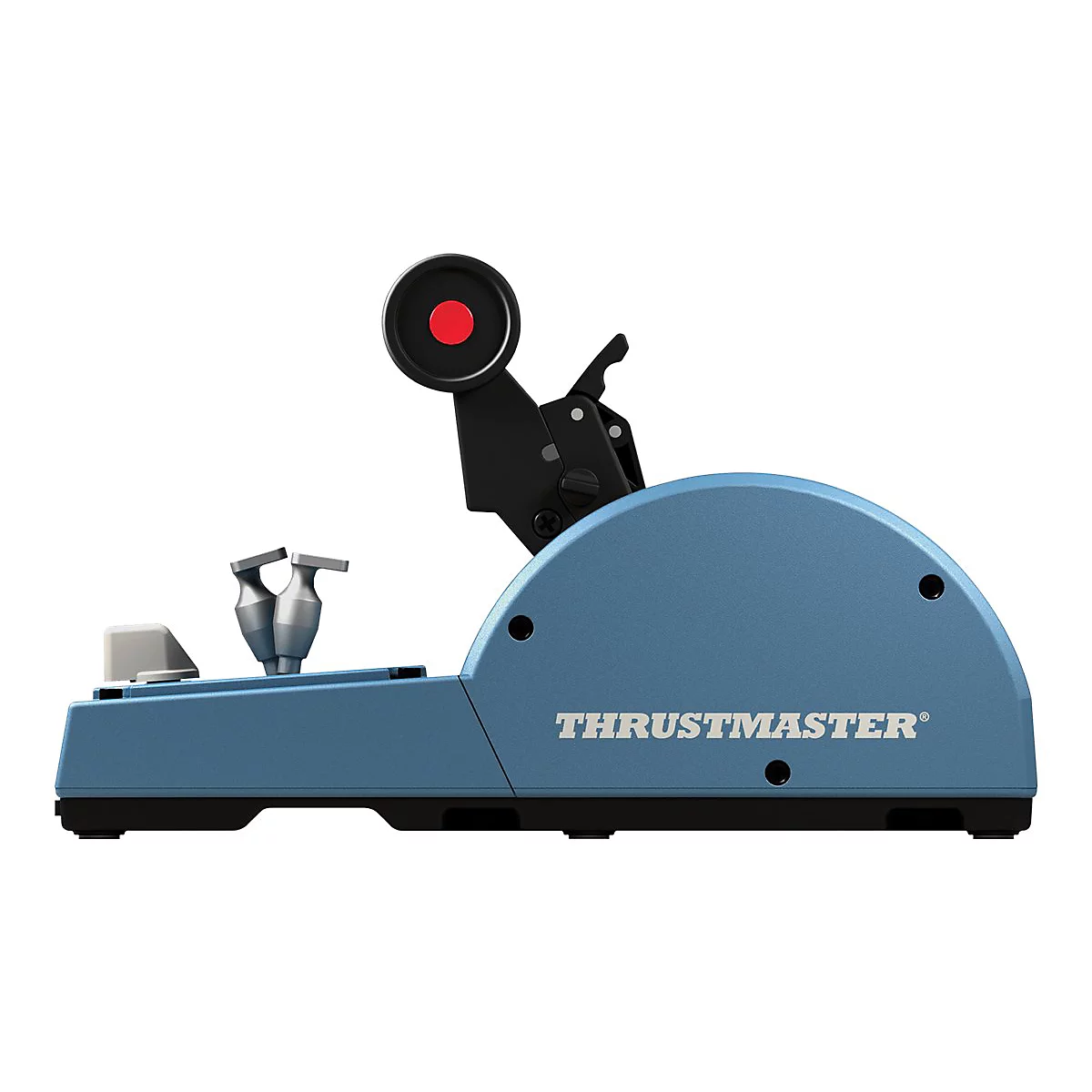 Blauer Schubhebel von Thrustmaster mit rotem Knopf in Seitenansicht vor weißem Hintergrund.