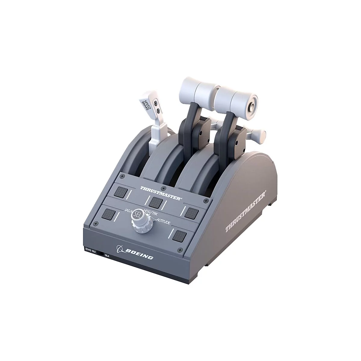 Grauer Thrustmaster Boeing Schubhebel-Controller für Flugsimulatoren vor weißem Hintergrund.