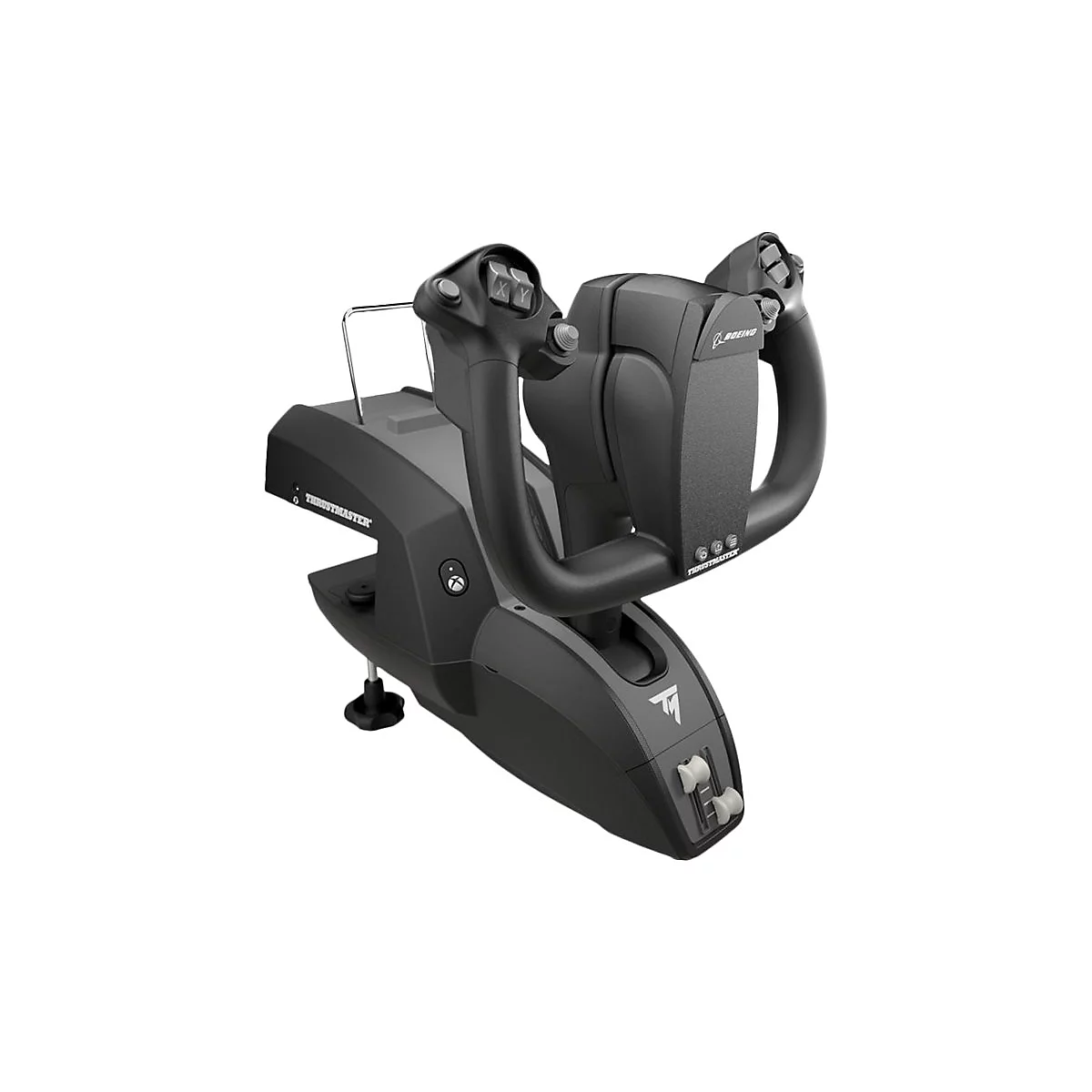 Schwarzes Flugsteuerhorn von Thrustmaster im Boeing-Design vor weißem Hintergrund.