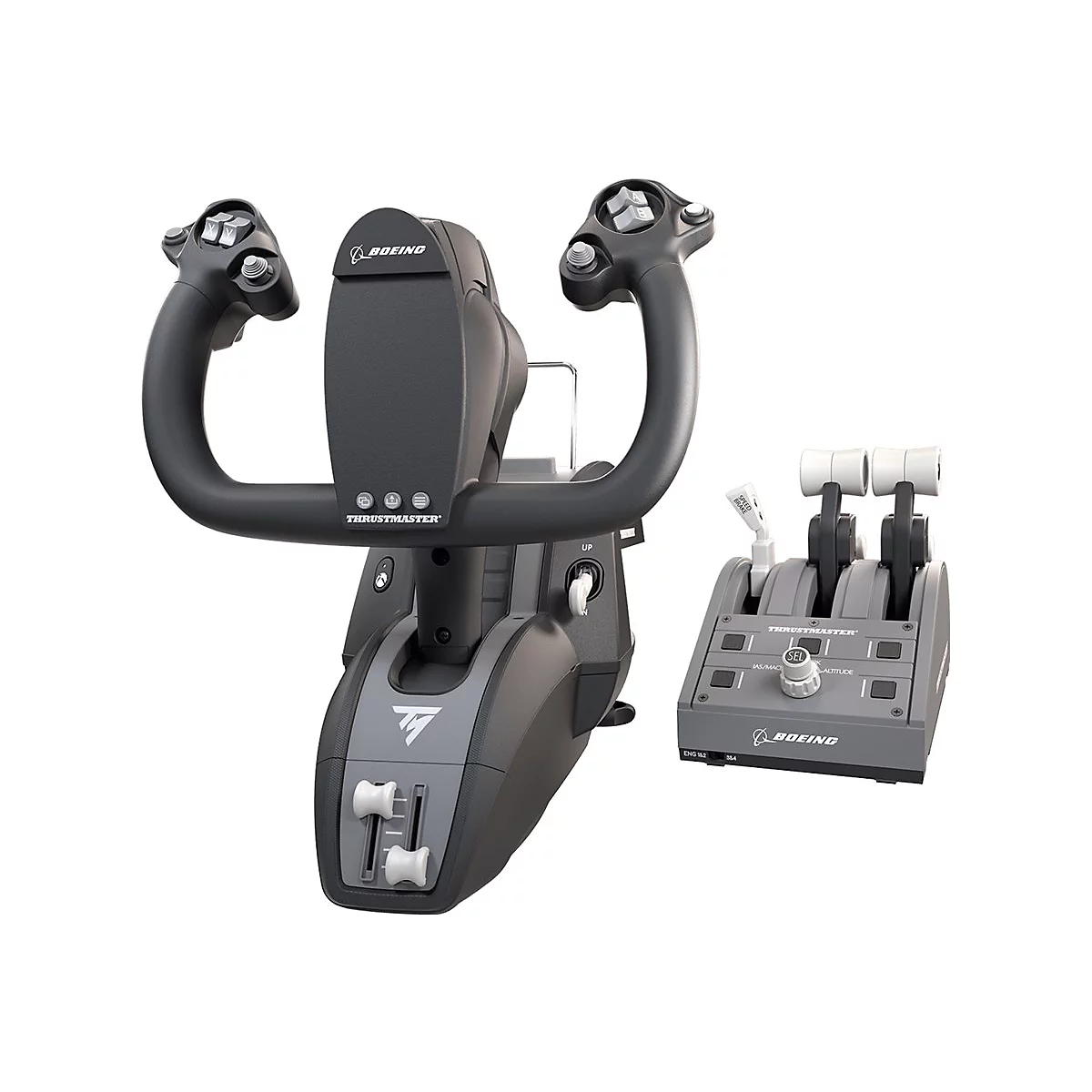 Thrustmaster Boeing Flugsimulator-Steuerhorn und Schubhebel-Einheit auf weißem Hintergrund.