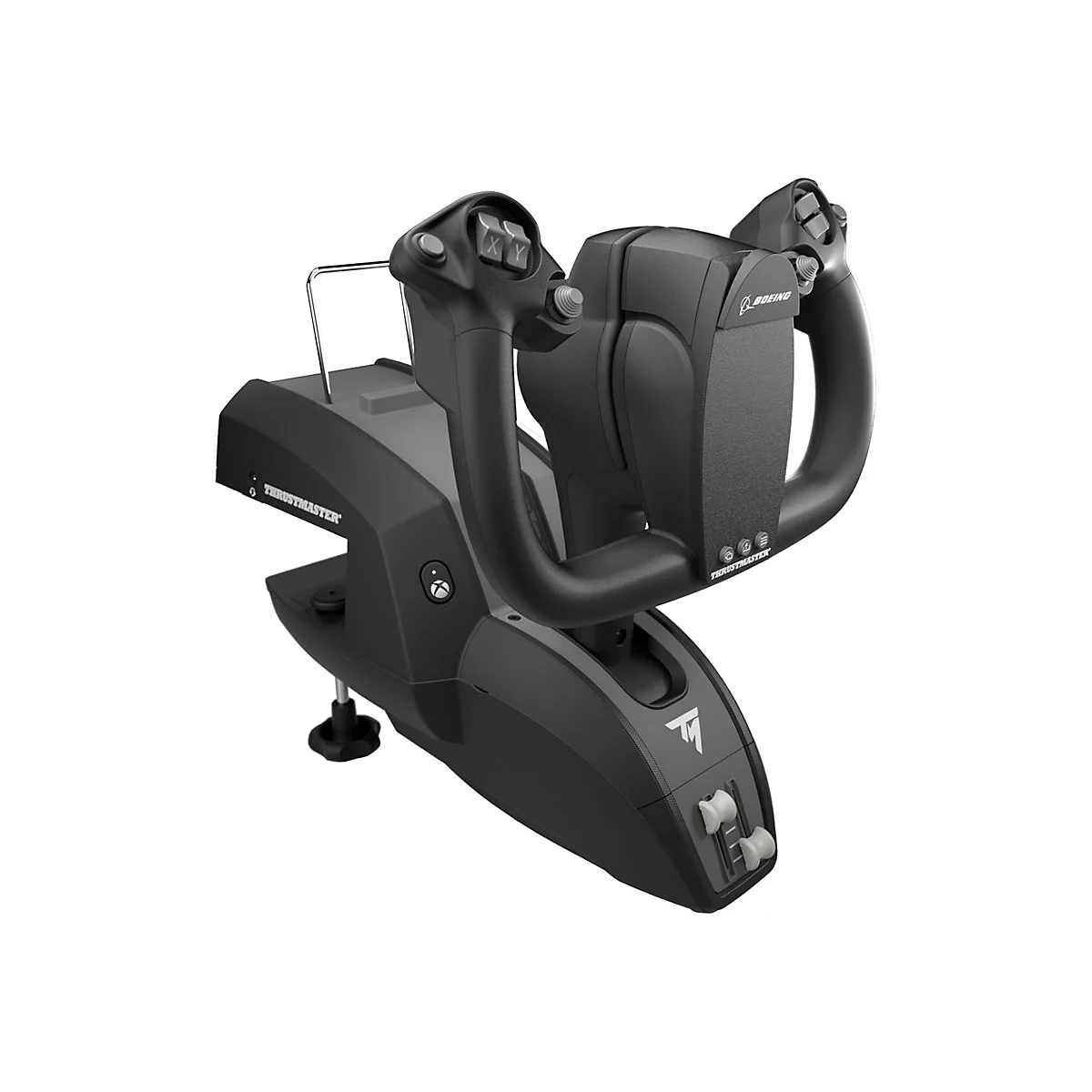 Schwarzes Thrustmaster Flugsteuerhorn im Boeing-Design mit Knöpfen und Hebeln auf einem weißen Hintergrund.