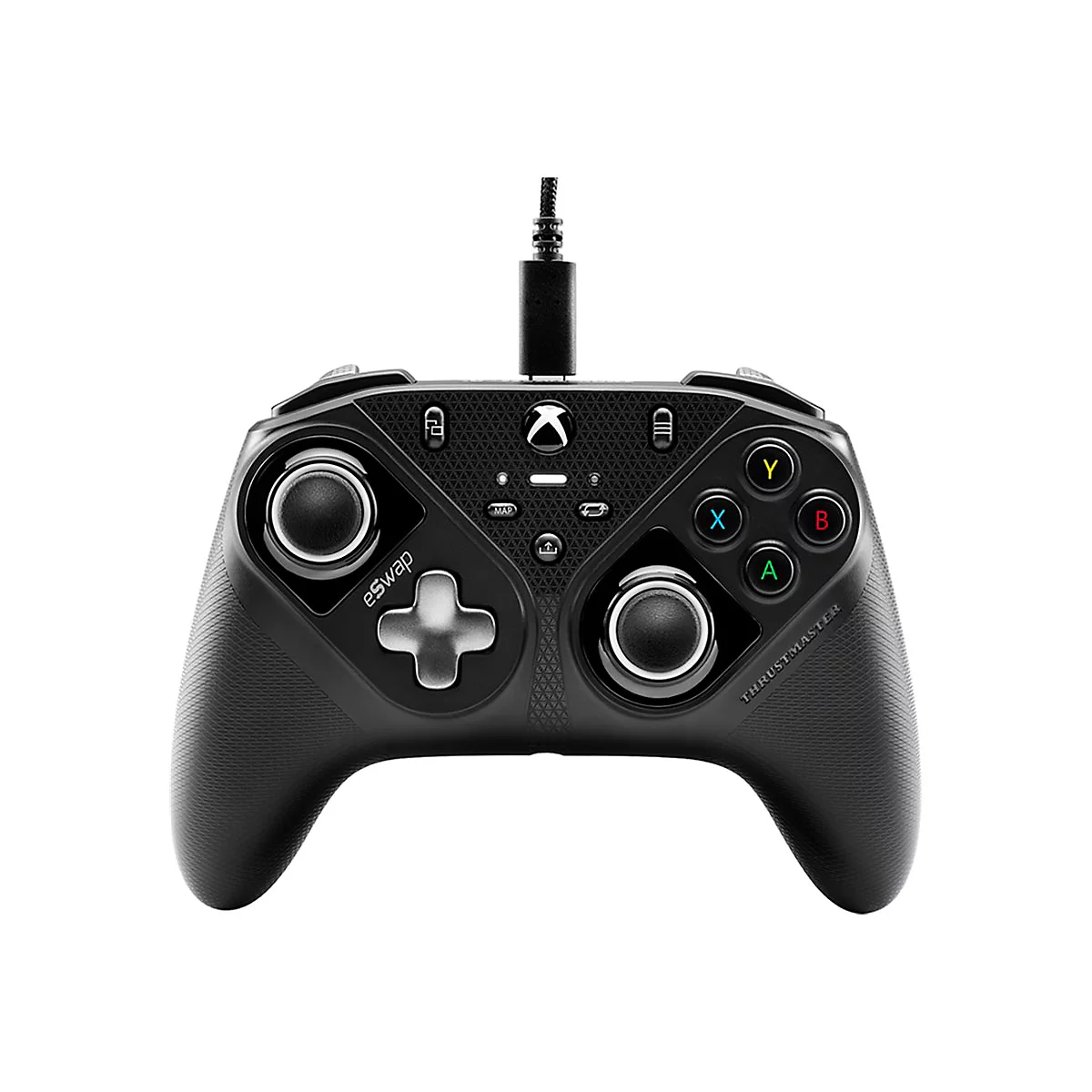 Schwarzer Thrustmaster eSwap Gaming-Controller mit Kabel vor weißem Hintergrund.