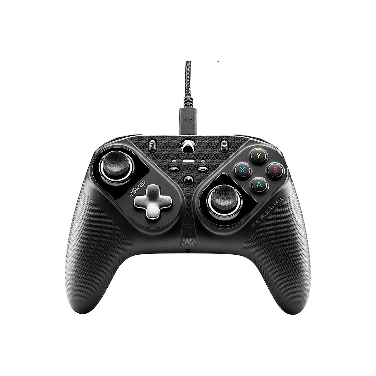 Schwarzer Thrustmaster eSwap Gaming-Controller mit Kabel vor weißem Hintergrund.