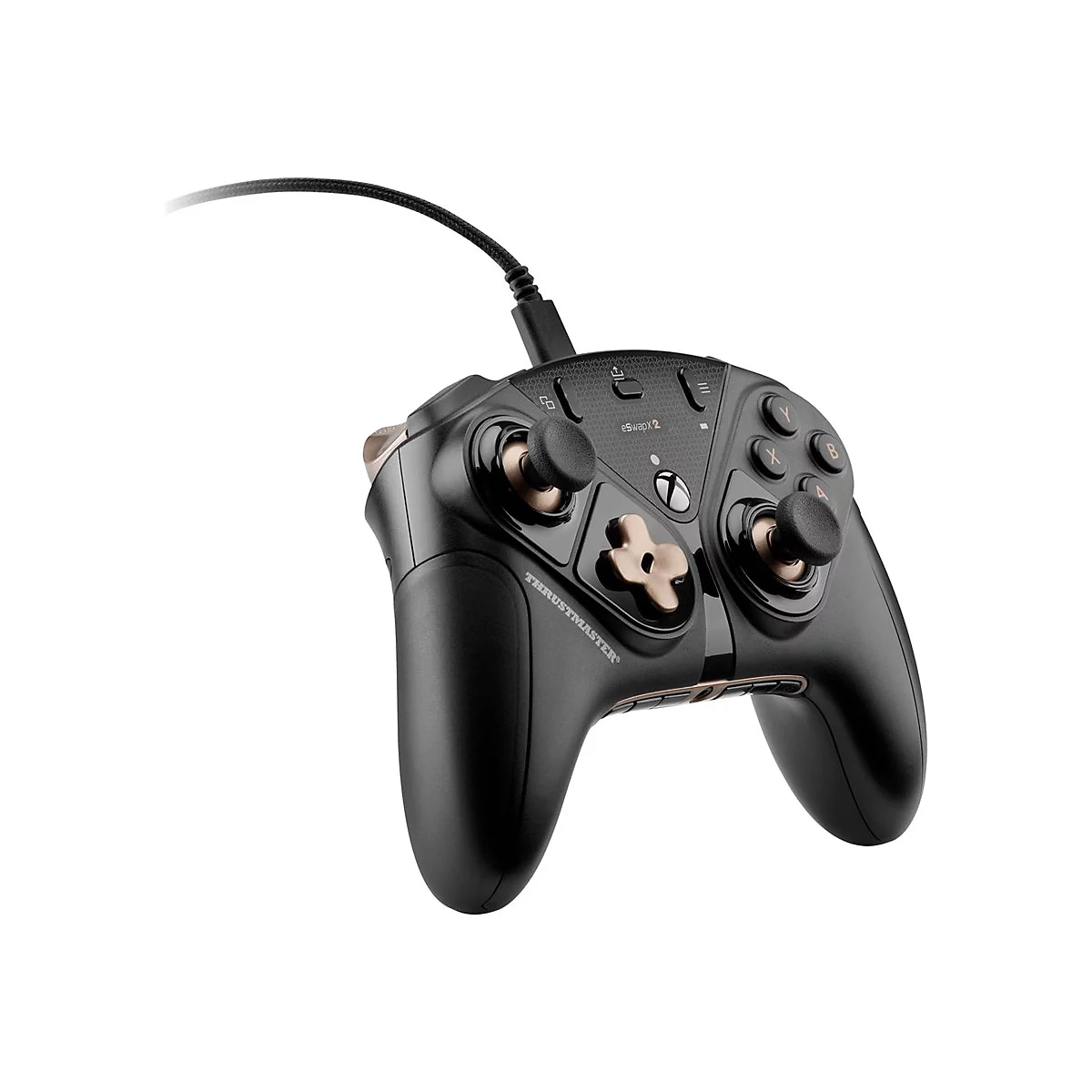 Schwarzer Gamecontroller mit goldenen Akzenten und Kabel. Die Tasten sind sichtbar.