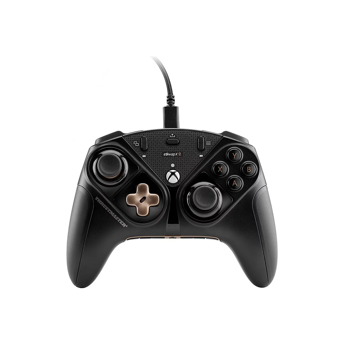 Schwarzer Gamecontroller mit Kabel, Blick von oben. Kreuz- und X-Taste golden, Xbox-Logo.
