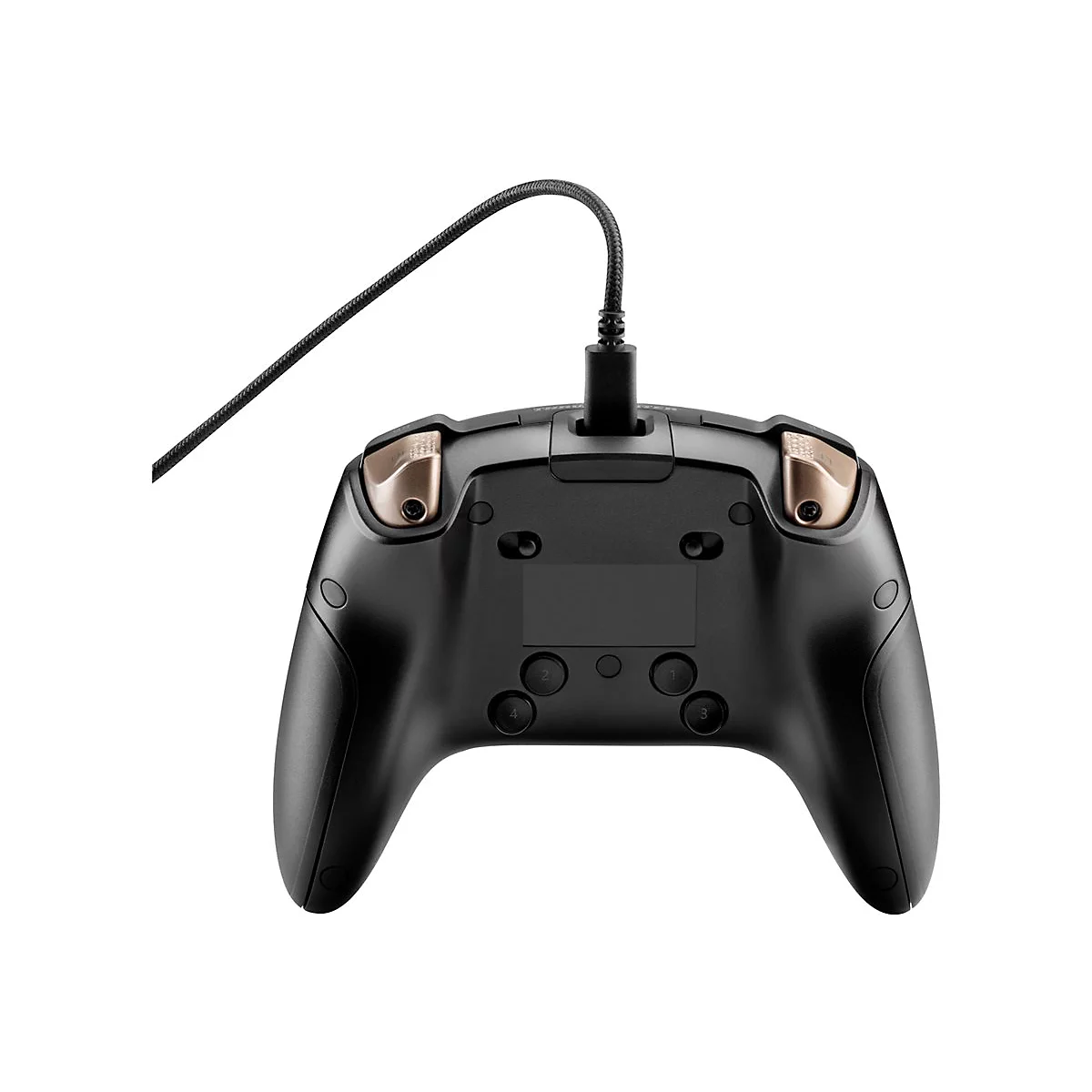 Schwarzer Gamecontroller mit goldenen Akzenten und angeschlossenem Kabel, RÃ¼ckansicht. Deutlich erkennbar sind die Buttons und Griffe.