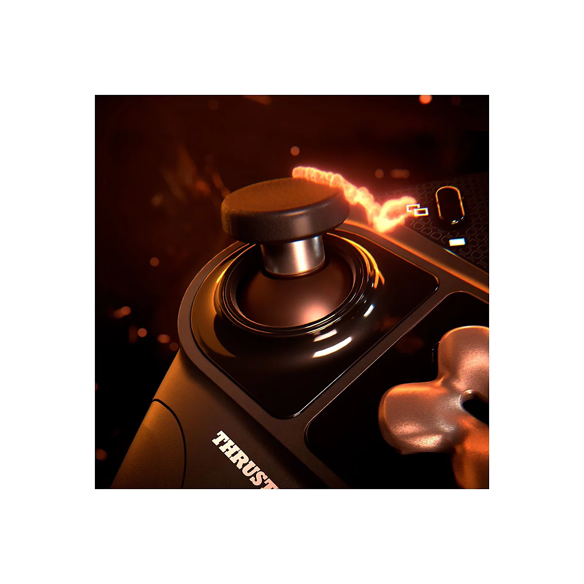 Nahaufnahme eines schwarzen Game-Controllers mit orangefarbenen Lichtern. Der Joystick steht im Vordergrund.