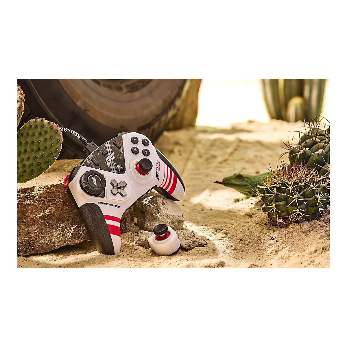 Weißer Gamecontroller mit roten Akzenten liegt auf Sand. Im Hintergrund Kaktus, Reifen und eine Eidechse.