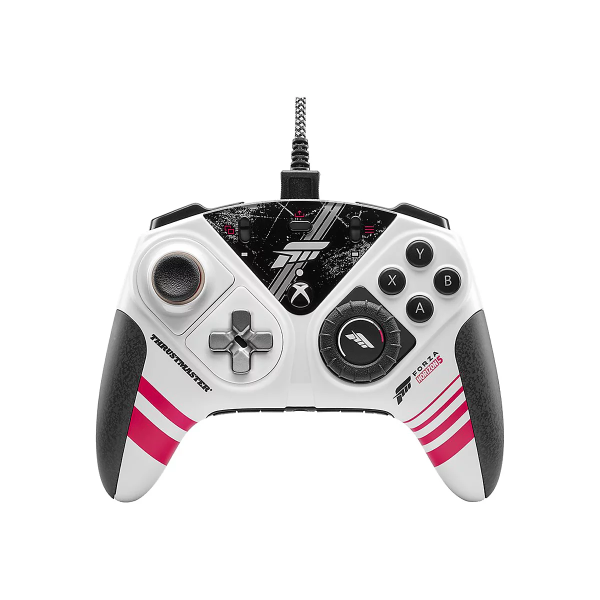 Weiß-schwarzer Thrustmaster Xbox-Controller im Forza Horizon 5 Design mit pinken Streifen und Kabelanschluss.