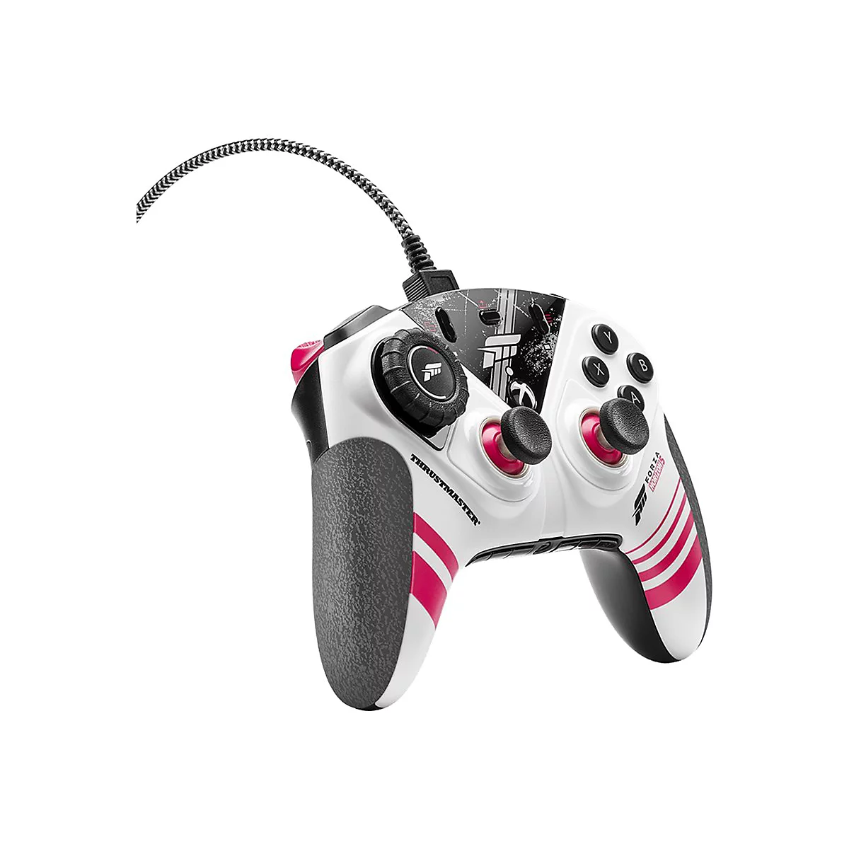 Kabelgebundener Thrustmaster Forza Horizon 5 Gamecontroller in Weiß mit grauen Griffen und pinken Akzenten.