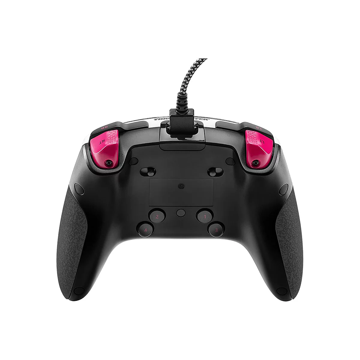Rückseite eines schwarzen Gaming-Controllers mit pinken Schultertasten und Kabelanschluss vor weißem Hintergrund.