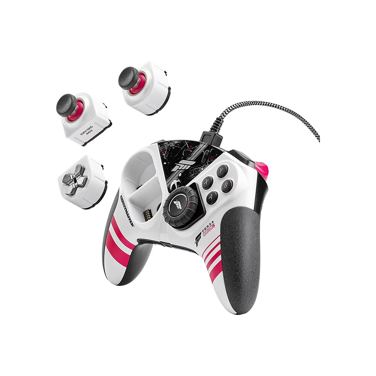 Weißer Gaming-Controller mit Forza Horizon 5 Logo, schwarzen Griffen und austauschbaren Modulen auf hellem Hintergrund.