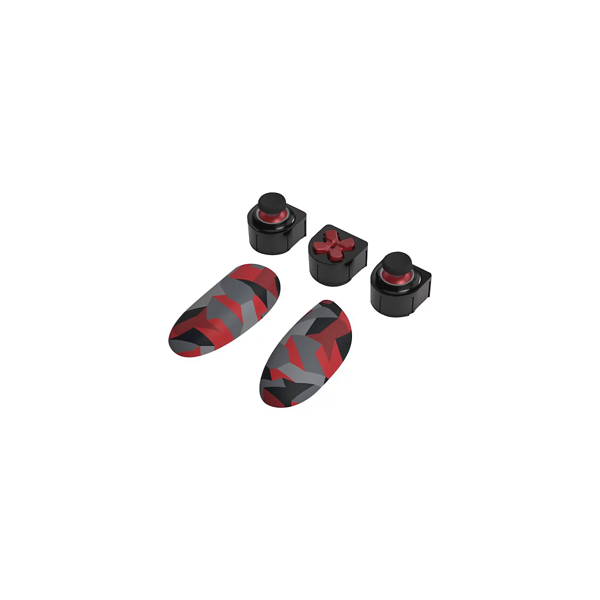 Zubehörset für Gaming-Controller mit zwei Analogsticks, einem Steuerkreuz und zwei ovalen Griffschalen in Camouflage.