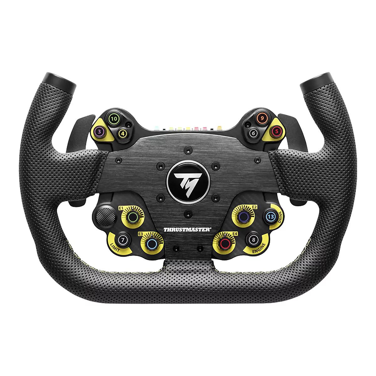 Schwarzes Thrustmaster-Rennlenkrad mit Tasten, Drehreglern und gelben Akzenten vor weißem Hintergrund.