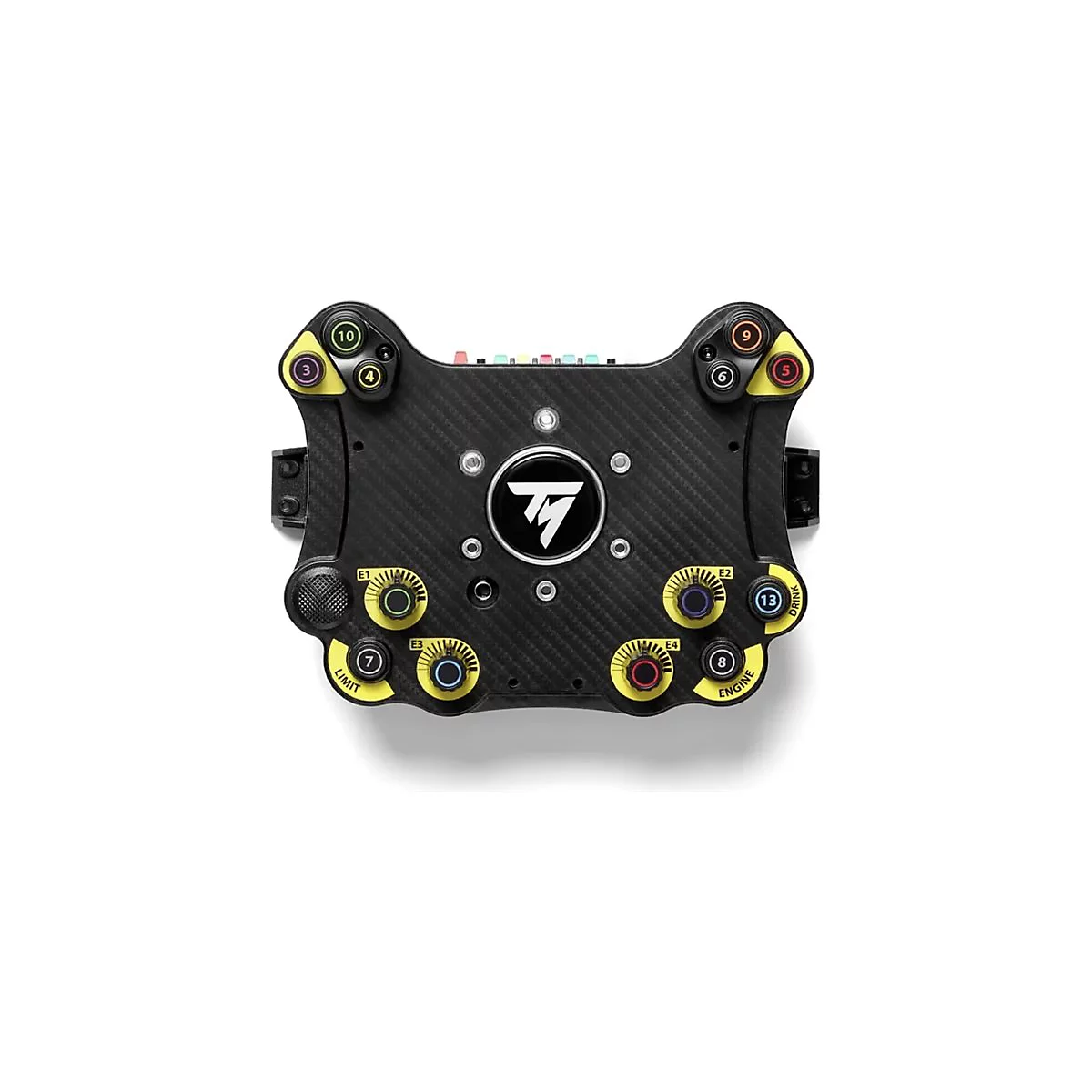 Schwarzes Thrustmaster Formel-Rennlenkrad in Carbon-Optik mit zahlreichen Tasten, Drehreglern und zentralem Logo.
