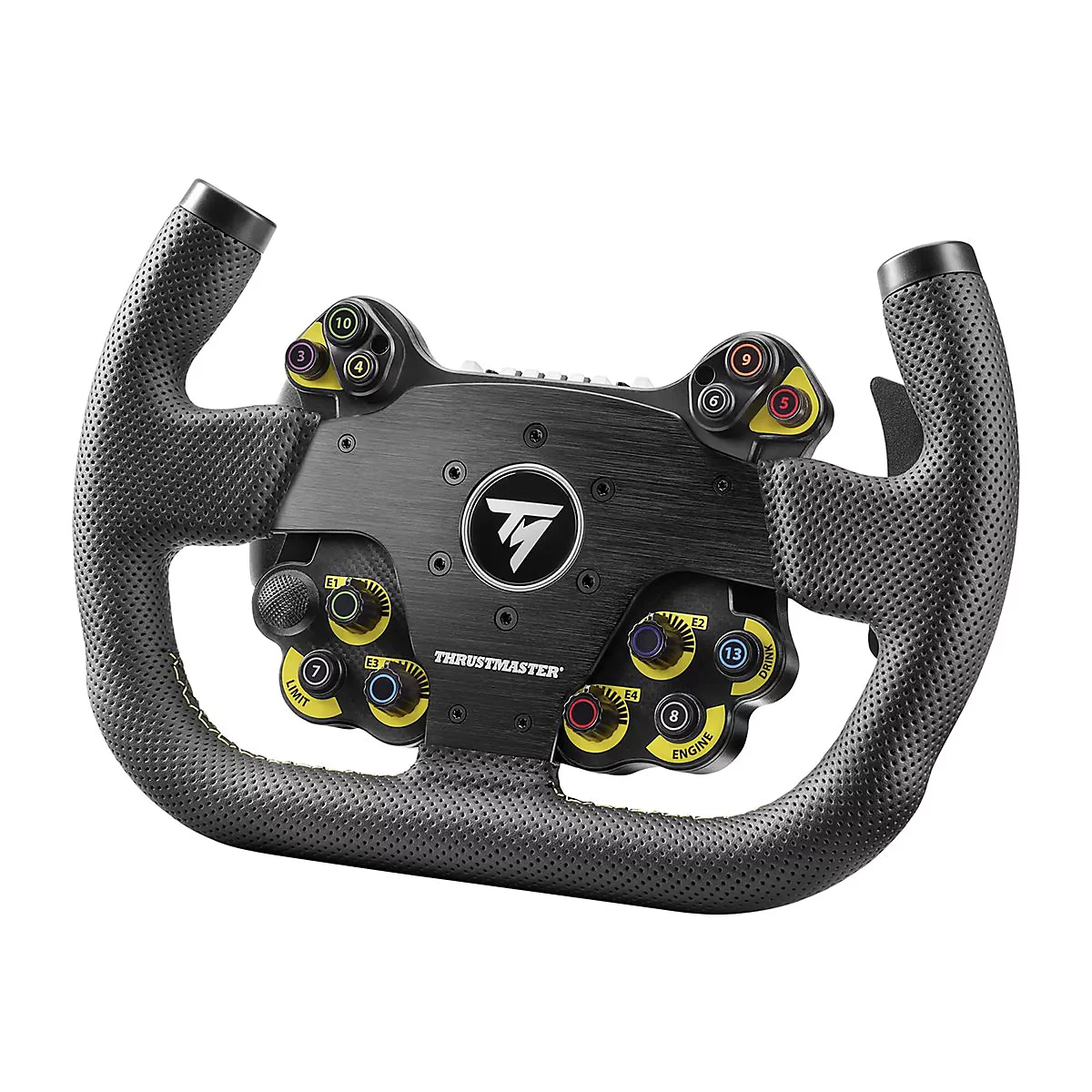 Schwarzes Thrustmaster Formel-Rennlenkrad mit Tasten und Drehreglern vor weißem Hintergrund.