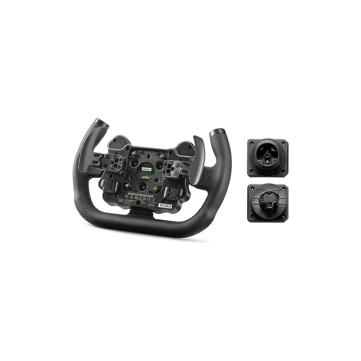 Rückseite eines schwarzen Thrustmaster-Rennlenkrads mit zwei separaten Montageadaptern auf der rechten Seite.