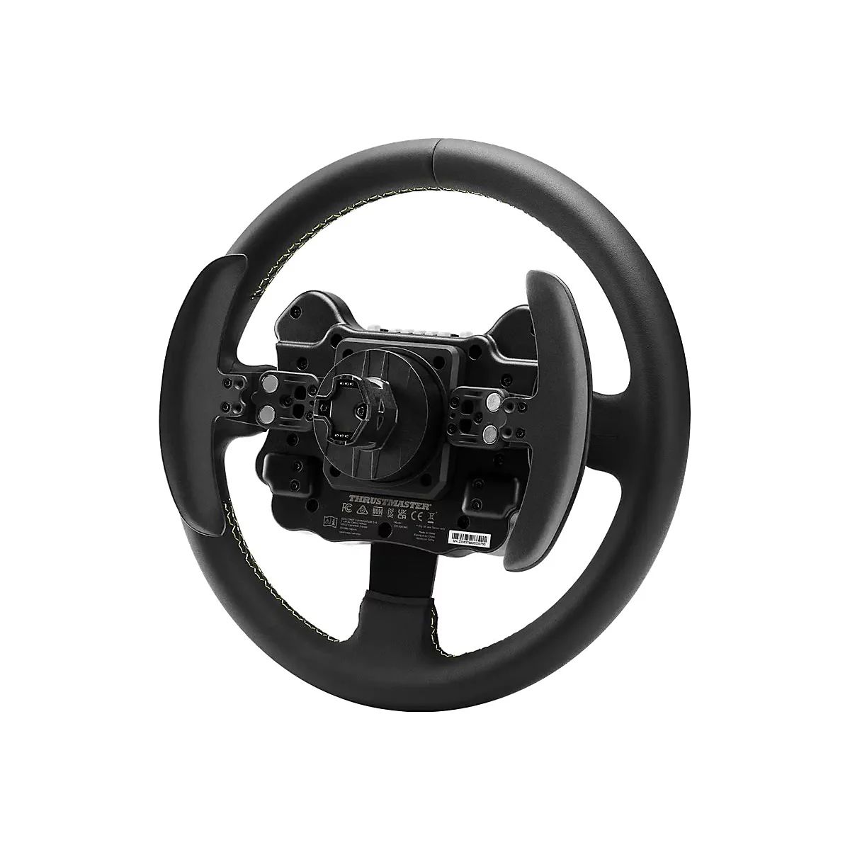 Rückansicht eines schwarzen Thrustmaster Rennlenkrads mit gelben Ziernähten vor weißem Hintergrund.