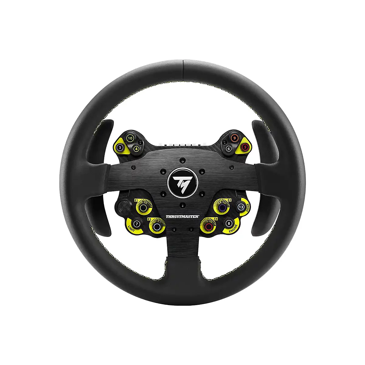 Schwarzes Thrustmaster-Rennlenkrad mit Tasten, Schaltern und zentralem Logo auf weißem Hintergrund.