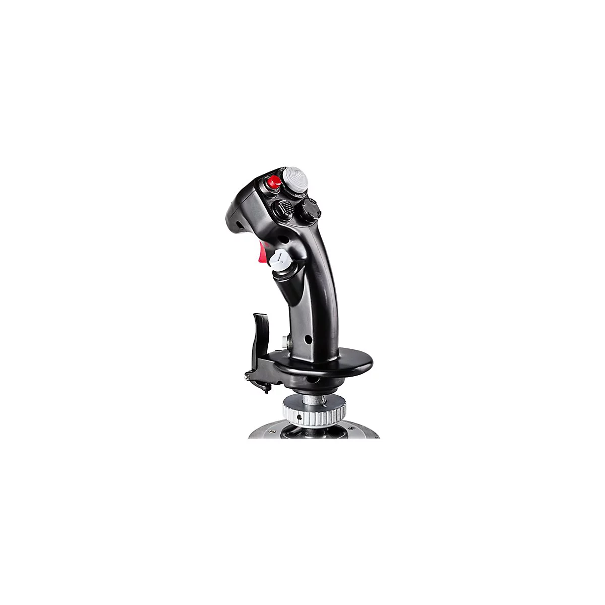 Schwarzer Joystick mit KnÃ¶pfen und rotem Abzug, auf weiÃŸem Hintergrund.