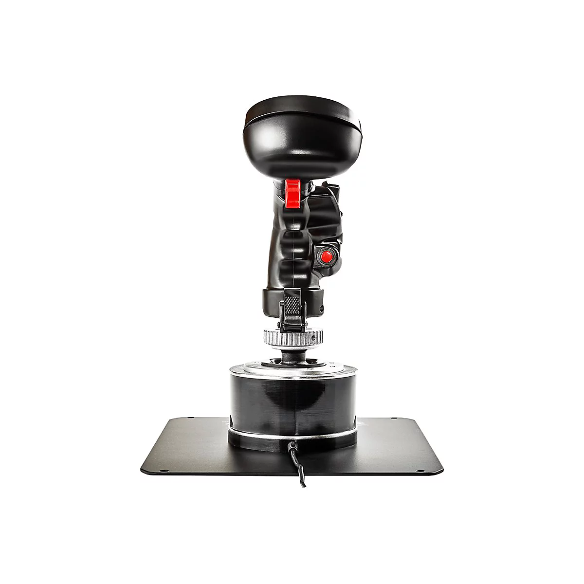 Schwarzer Gaming-Joystick auf flacher Basis vor weißem Hintergrund.