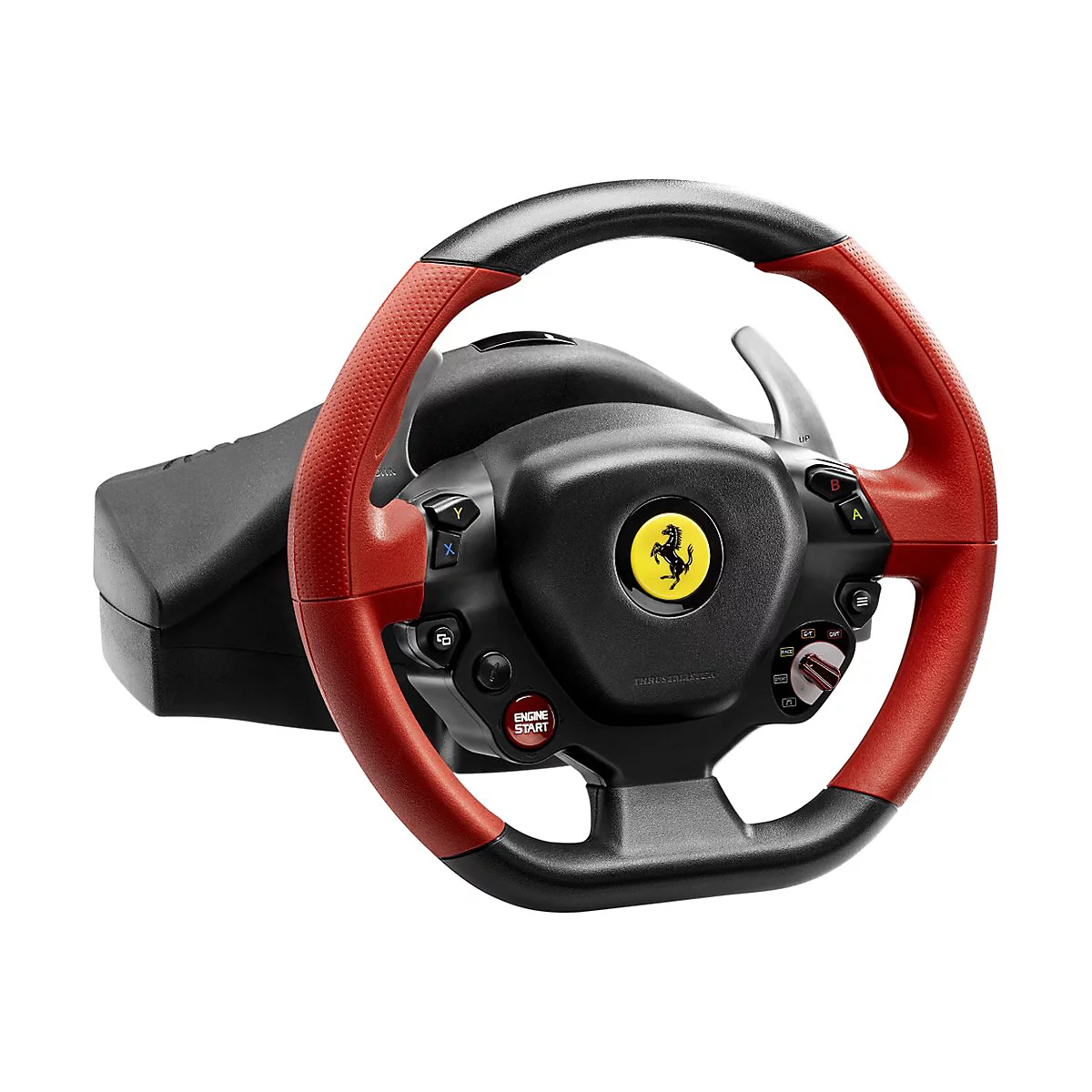 Ferrari-Gaming-Lenkrad mit rotem Lederbezug und zentralem Logo auf schwarzem Hintergrund.