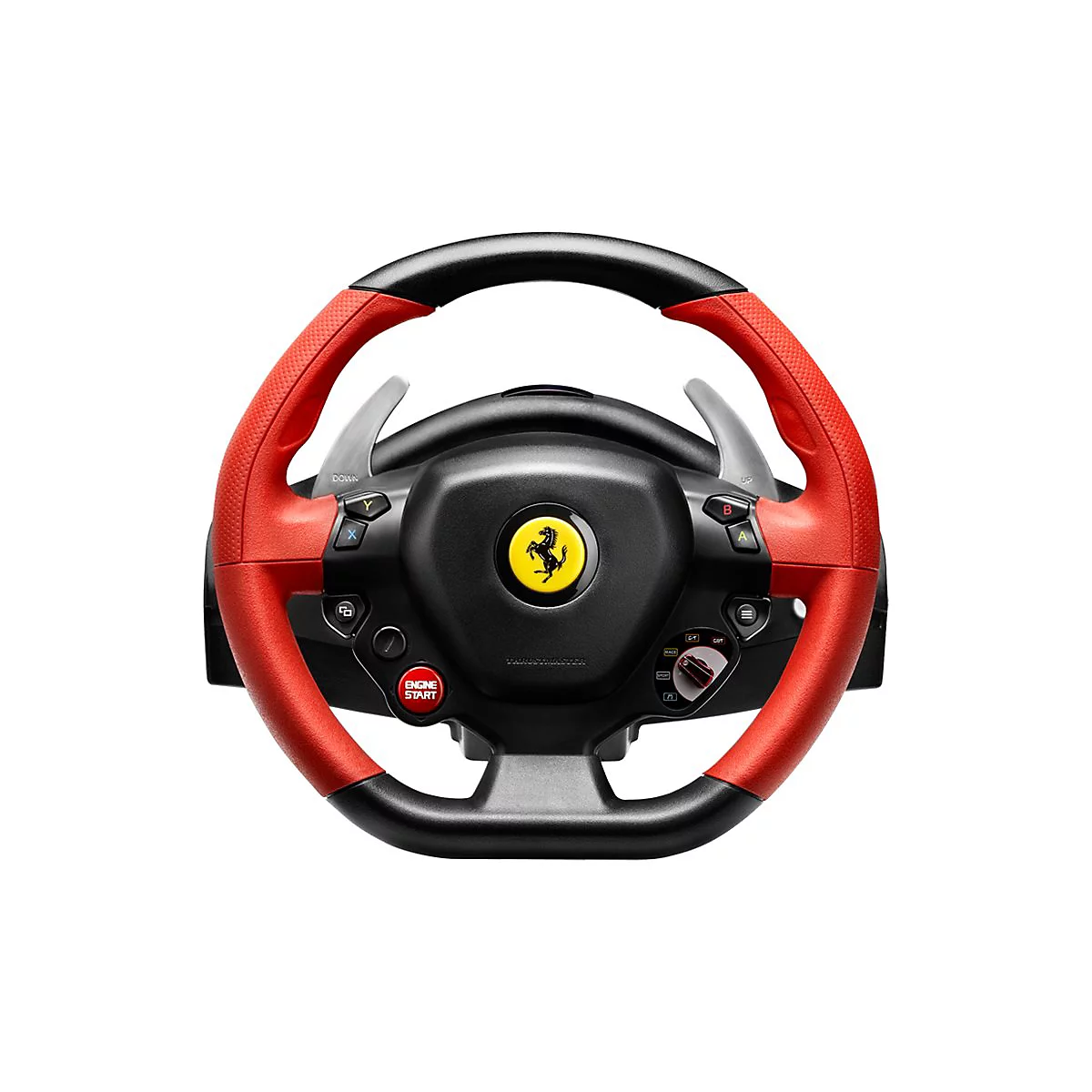 Ferrari-Gaming-Lenkrad mit roten und schwarzen Griffen und mittigem Ferrari-Logo.
