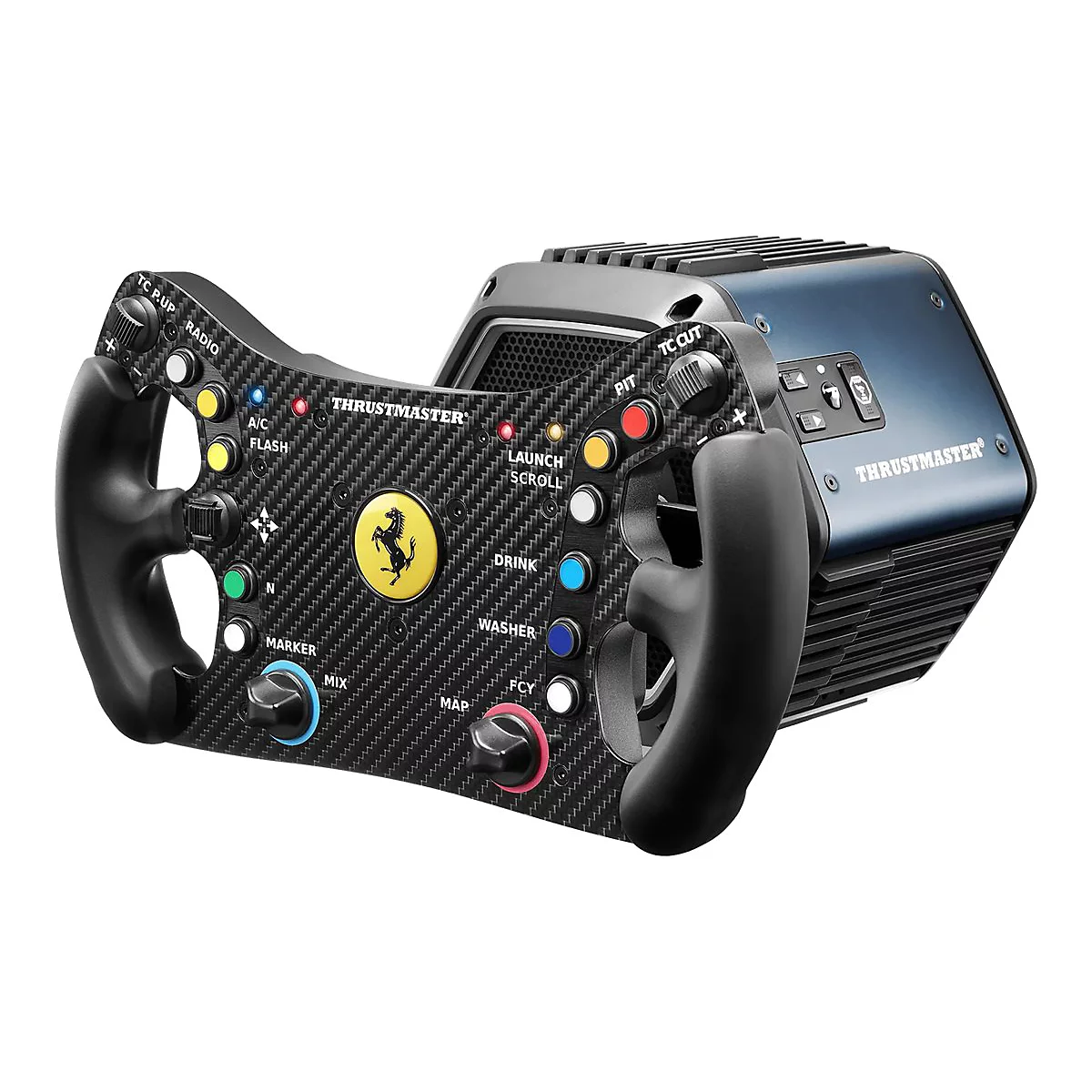 Thrustmaster Ferrari Rennlenkrad mit Carbon-Optik, vielen bunten Tasten und Drehreglern vor schwarzer Basis.