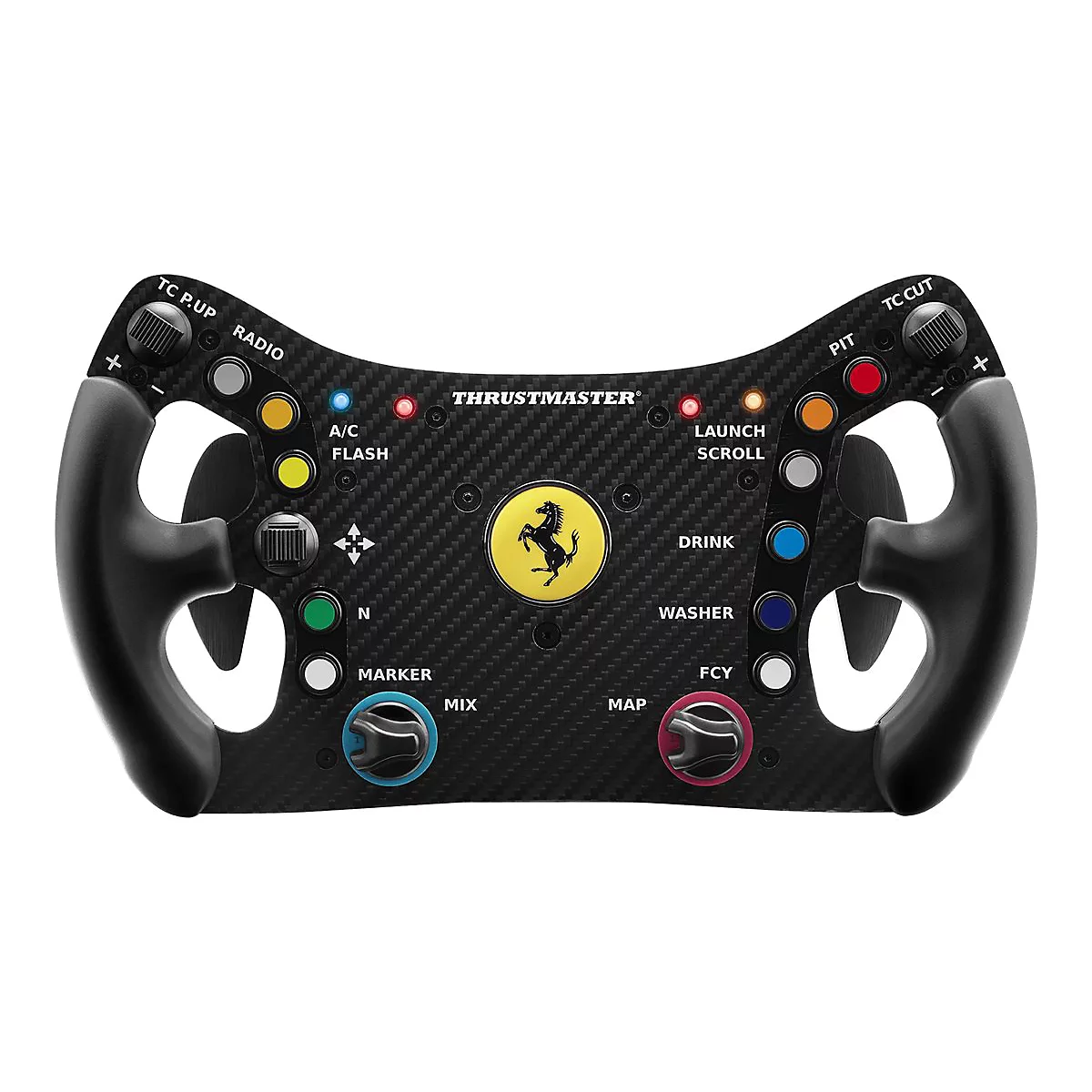 Thrustmaster Ferrari Rennlenkrad in Carbon-Optik mit zahlreichen bunten Tasten, Drehreglern und zentralem Ferrari-Logo.