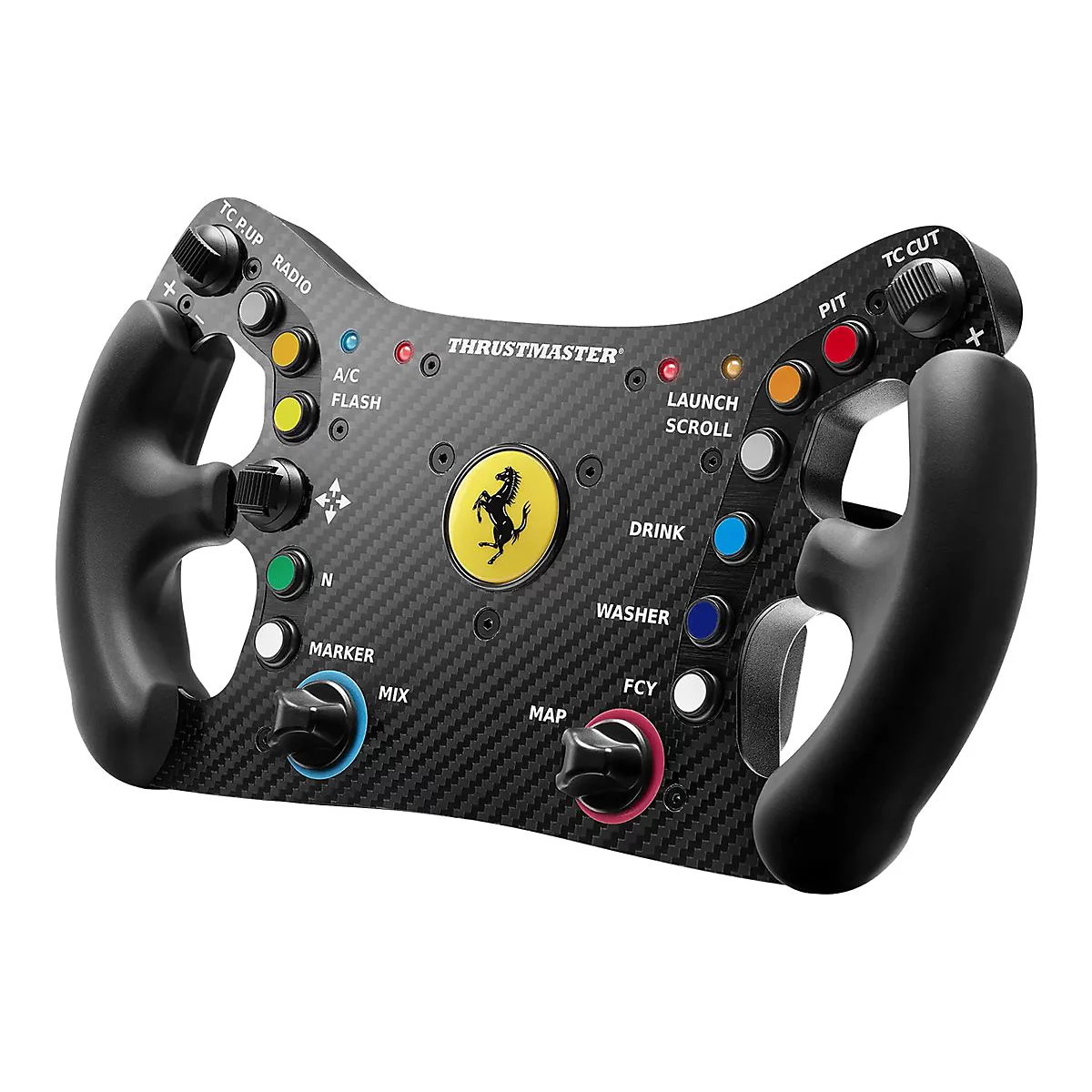 Thrustmaster Formel-1-Lenkrad aus Carbon mit zahlreichen bunten Tasten, Drehreglern und Ferrari-Logo.