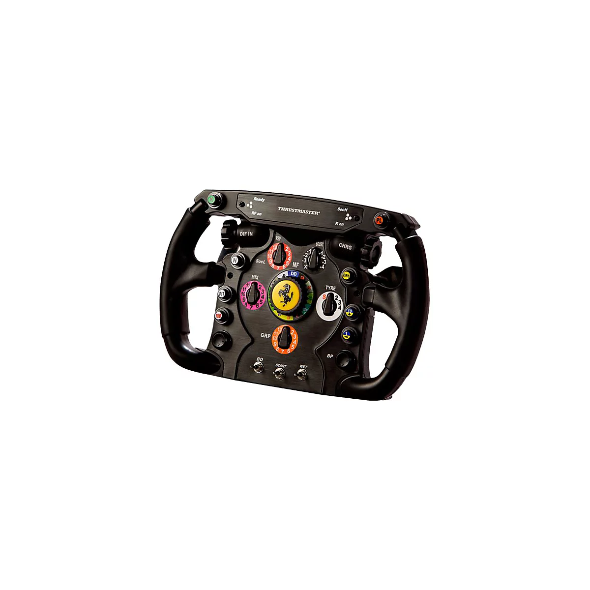 Schwarzes Thrustmaster Ferrari Formel-1-Lenkrad mit zahlreichen bunten Drehknöpfen und Schaltern.