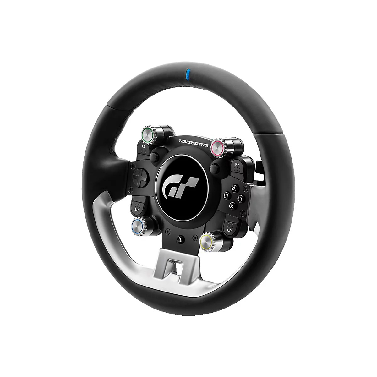 Schwarzes Thrustmaster Gran Turismo Rennlenkrad mit Tasten und silbernen Details auf weißem Hintergrund.