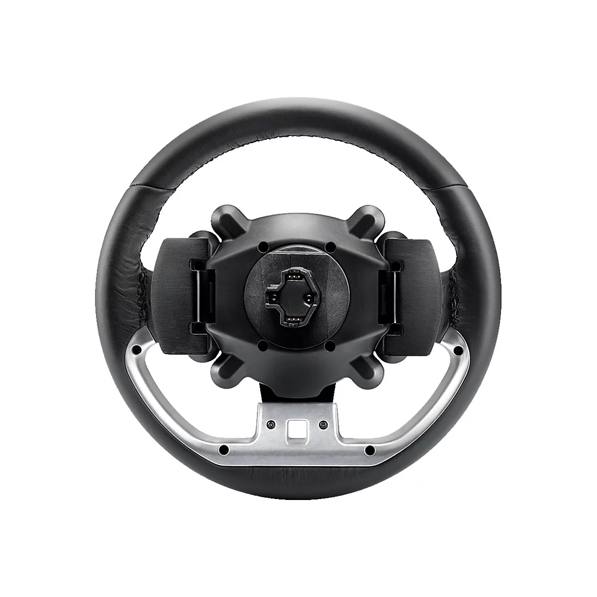 Rückseite eines schwarzen Leder-Lenkrads für Sim-Racing mit mittigem Anschlussmodul.