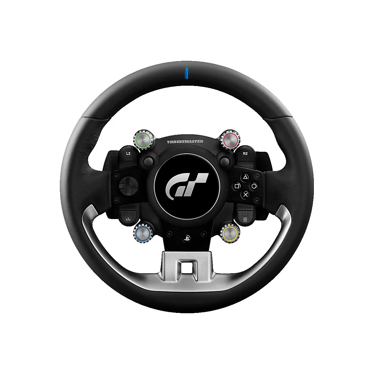 Schwarzes Thrustmaster Gran Turismo Lenkrad vor weißem Hintergrund mit vier farbigen Drehreglern und zentralem GT-Logo.