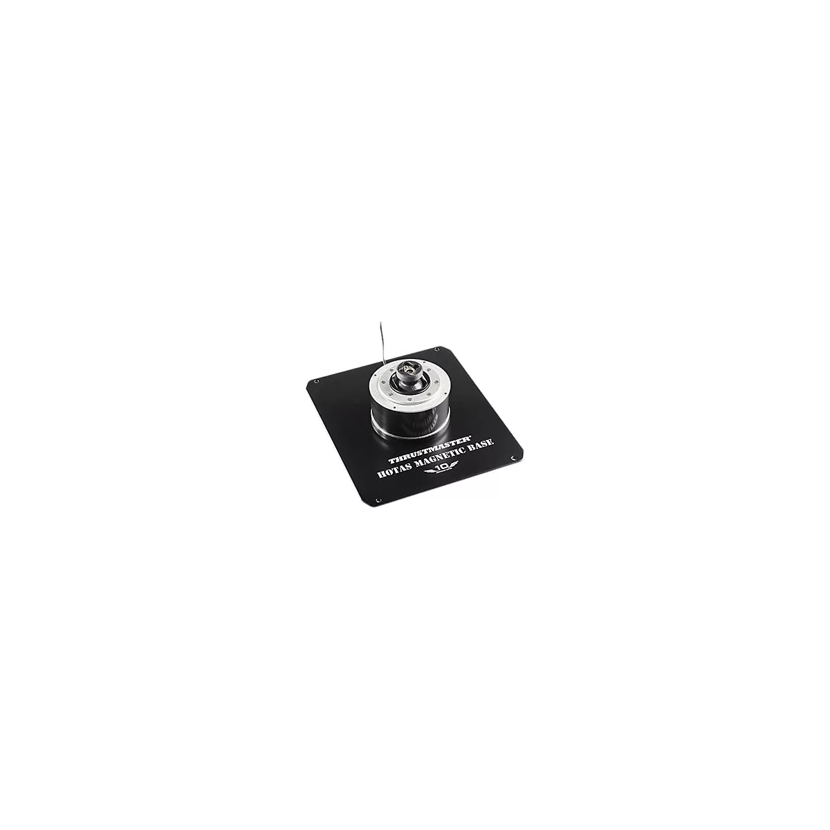 Schwarze, quadratische Thrustmaster HOTAS Magnet-Basis auf weißem Hintergrund mit Firmenlogo.