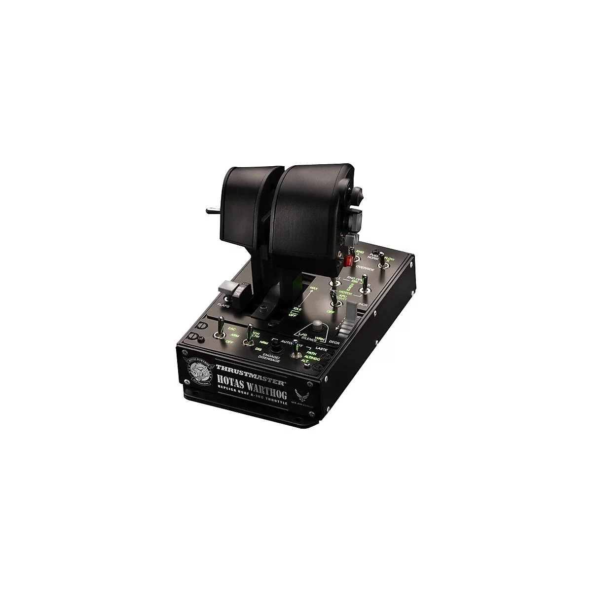 Schwarzer Thrustmaster HOTAS Warthog Schubregler für Flugsimulationen vor weißem Hintergrund.