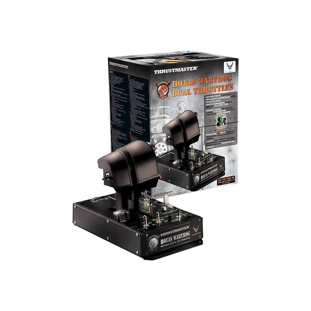Thrustmaster HOTAS Warthog Dual Throttles mit schwarzer Basis und Metallschaltern vor der Produktverpackung.