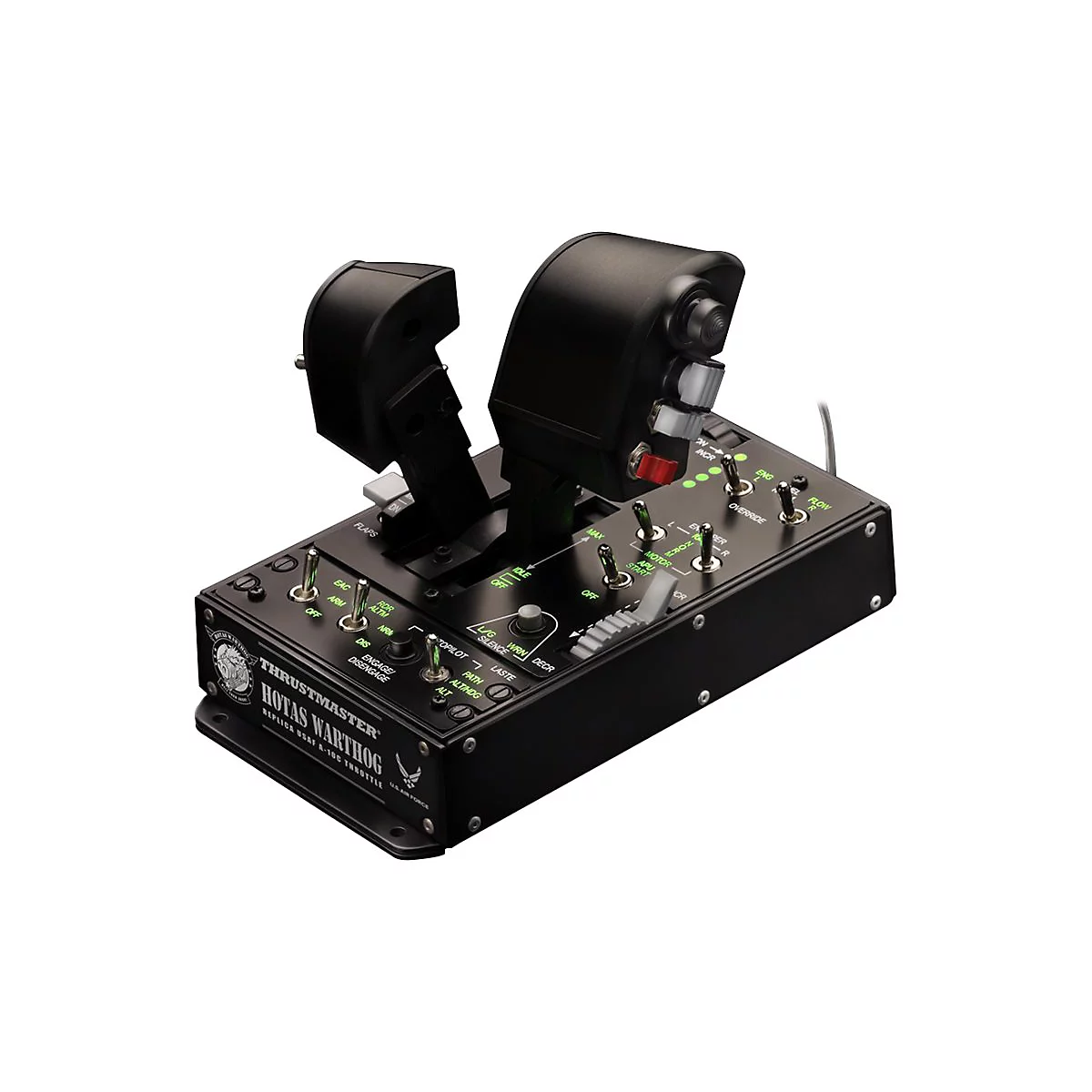 Schwarzer Thrustmaster HOTAS Warthog Schubregler mit zahlreichen Knöpfen und Schaltern auf weißem Hintergrund.