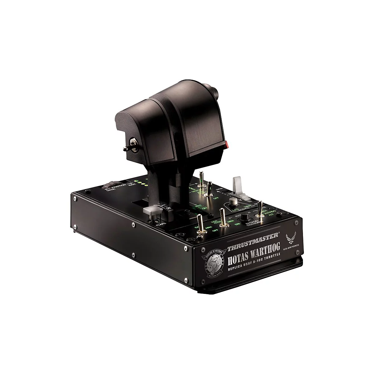 Thrustmaster HOTAS Warthog Schubregler als Replika für Flugsimulatoren auf schwarzem Hintergrund.