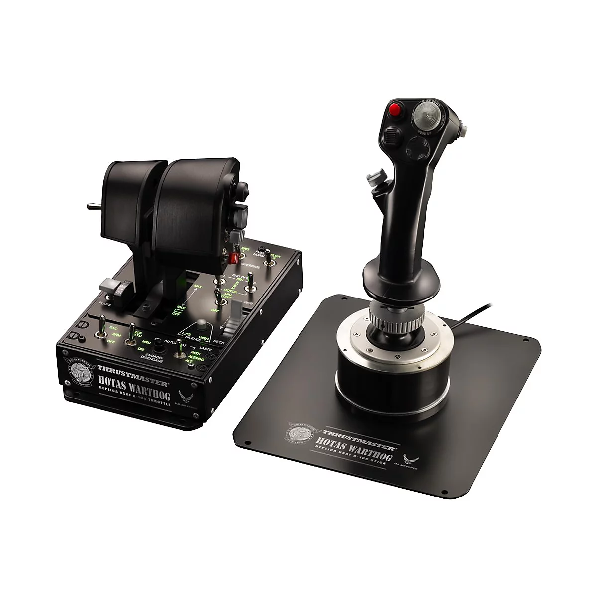 Thrustmaster HOTAS Warthog Gaming-Steuerung bestehend aus einem Joystick und einer Schubhebel-Einheit auf weißem Grund.