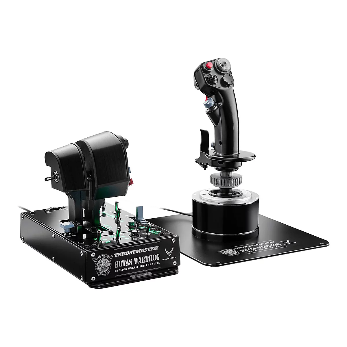 Thrustmaster HOTAS Warthog Flight-Stick und Schubregler Set auf weißem Hintergrund.