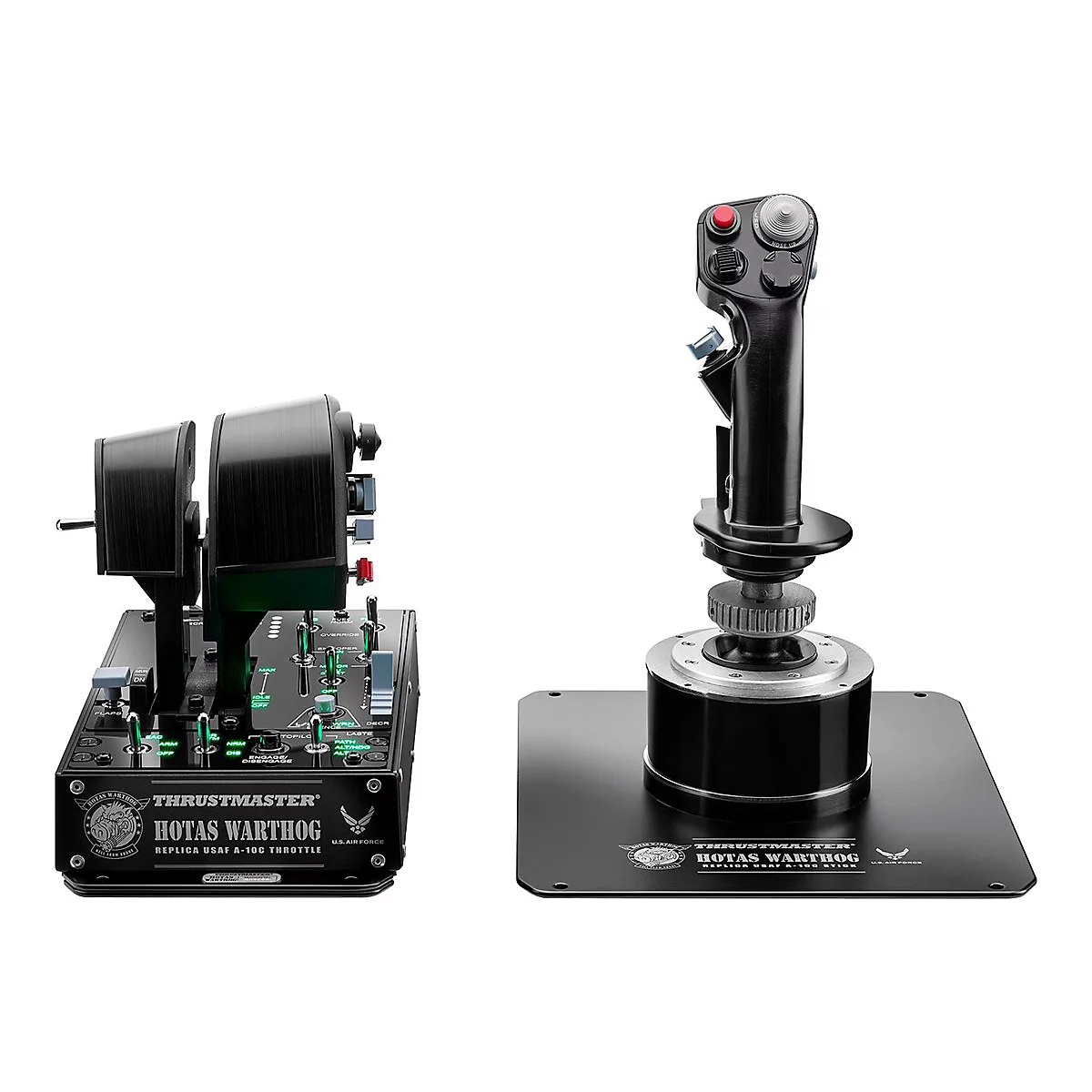 Thrustmaster HOTAS Warthog Joystick und Schubregler Set vor weißem Hintergrund.