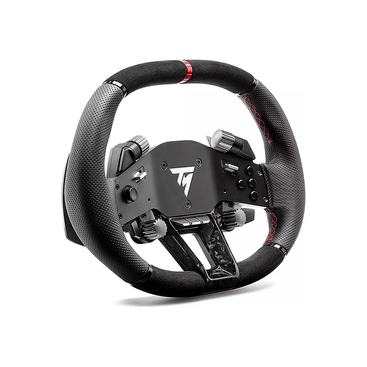 Schwarzes Sim-Racing-Lenkrad mit perforiertem Leder, roter Naht und silbernen Drehreglern vor weißem Hintergrund.