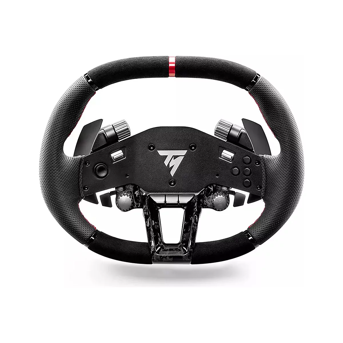 Schwarzes Thrustmaster Rennlenkrad mit Alcantara-Bezug, roter Mittenmarkierung und T-Logo vor weißem Hintergrund.