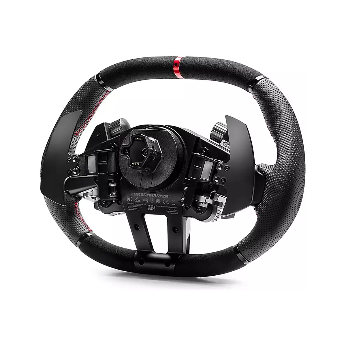 Rückseite eines schwarzen Thrustmaster-Rennlenkrads mit roter Naht, Schaltwippen und mittigem Anschluss.