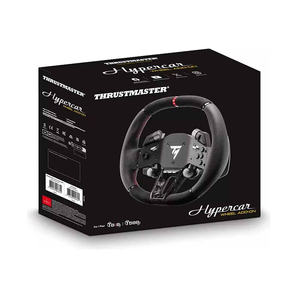 Verpackung des schwarzen Thrustmaster Hypercar Wheel Add-On Lenkrads für Rennspiele.