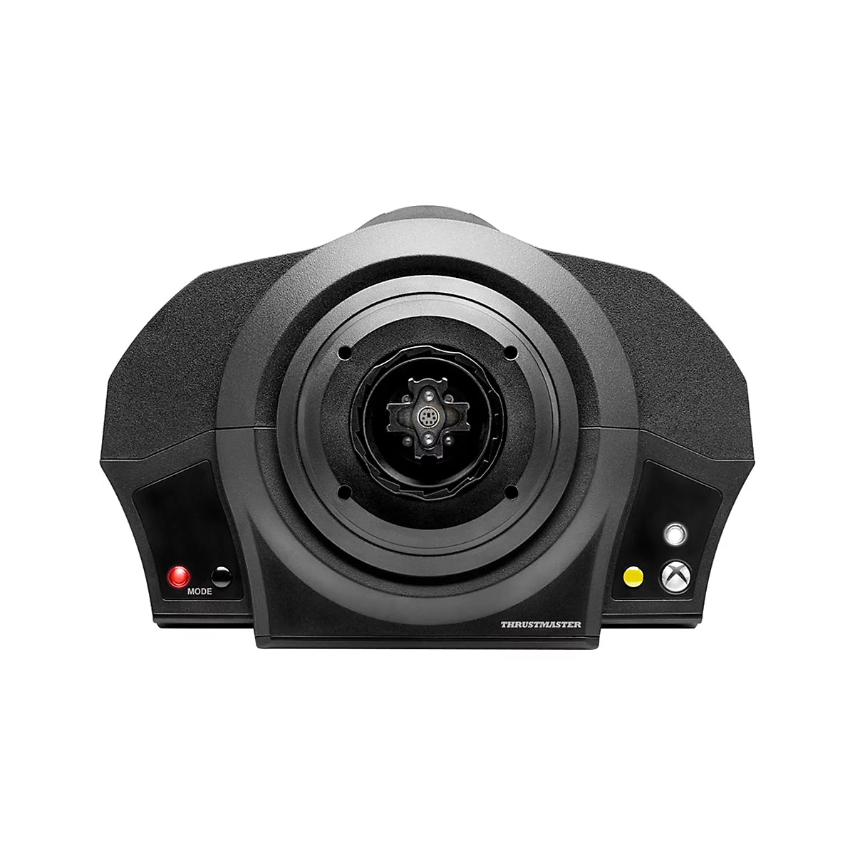 Schwarze Thrustmaster Lenkrad-Basis von vorne mit zentralem Verbindungsstück, Mode-Taste und Xbox-Logo.